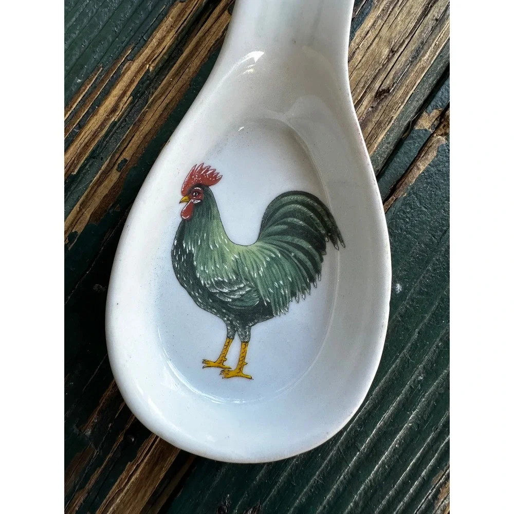 BIA Cordon Bleu Rooster Spoon Rest White Ceramic Hand Decorated Farmhouse 9 Inch